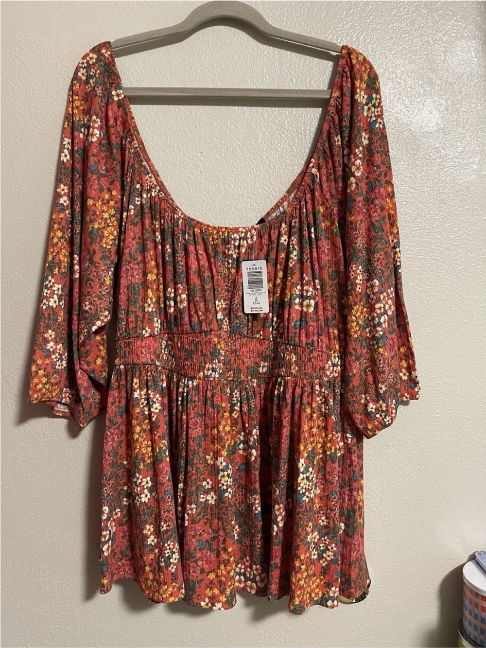 Torrid Floral Scoop-Neck Smocked Romantic Peasant Top Rust Floral 3X NWT